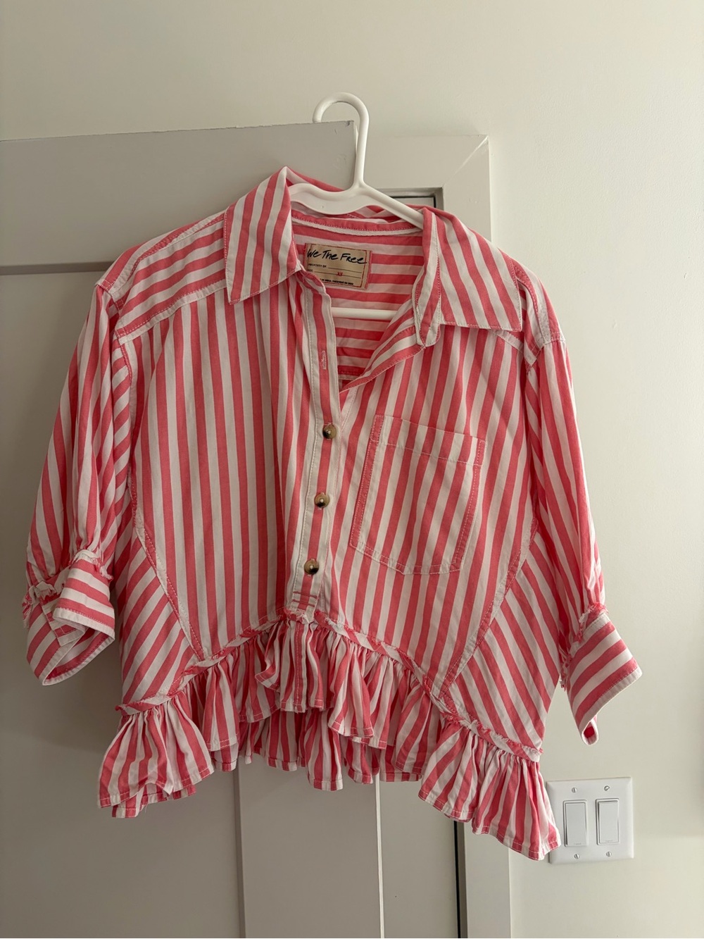 We The Free Pink & White Striped Ruffle-Hem Button Shirt